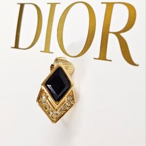 Dior Single Black Stone and Cubic Zirconia Clip On Earring In Vintage Gold